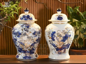 Đôi chóe men lam cổ vẽ Chép Sen vẽ vàng 24k, 25Lít
