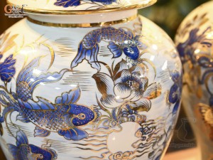 Đôi chóe men lam cổ vẽ Chép Sen vẽ vàng 24k, 25Lít