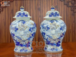 Đôi chóe men lam cổ vẽ Chép Sen vẽ vàng 24k, 25Lít