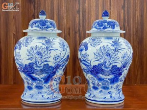 Đôi chóe men lam cổ vẽ hoa Sen, 40Lít