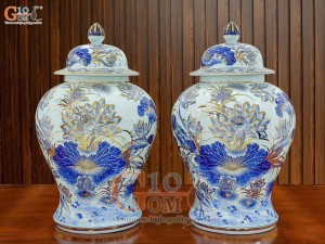Đôi chóe men lam cổ vẽ hoa Sen vẽ vàng 24k, 40Lít