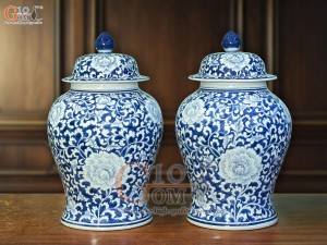 Đôi chóe men lam cổ vẽ hoa dây nền băng, 15L