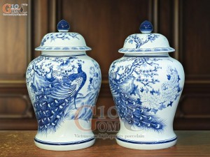 Đôi chóe men lam cổ vẽ Công Đào Tài Lộc, 30L