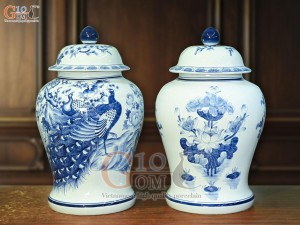 Đôi chóe men lam cổ vẽ Công Đào Tài Lộc, 30L