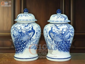 Đôi chóe men lam cổ vẽ Công Đào Tài Lộc, 20L