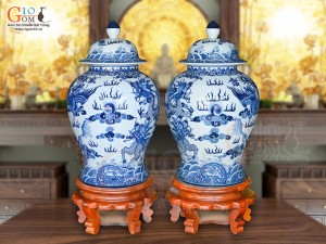 Đôi choé men lam cổ vẽ tứ linh Long Lân Quy Phụng, 25 Lít