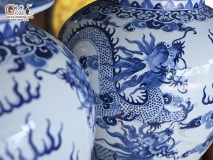 Đôi choé men lam cổ vẽ tứ linh Long Lân Quy Phụng, 25 Lít