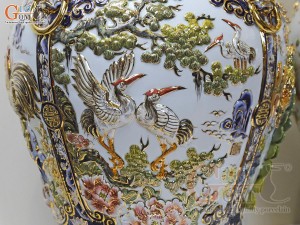 Đôi chóe men lam đắp nổi tứ cảnh Công Đào Phú Quý 60L, vẽ vàng 24k