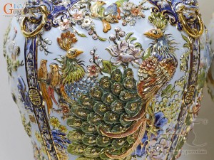 Đôi chóe men lam đắp nổi tứ cảnh Công Đào Phú Quý 60L, vẽ vàng 24k