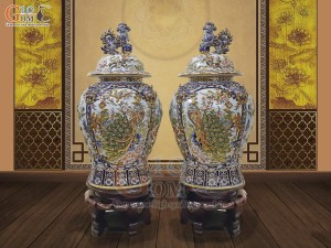 Đôi chóe men lam đắp nổi tứ cảnh Công Đào Phú Quý 60L, vẽ vàng 24k