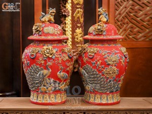 Đôi chóe men màu đắp nổi Công Đào Tài Lộc nền đỏ, 50L