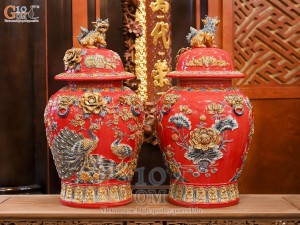 Đôi chóe men màu đắp nổi Công Đào Tài Lộc nền đỏ, 50L