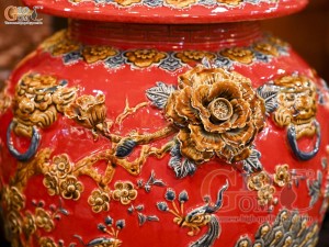 Đôi chóe men màu đắp nổi Công Đào Tài Lộc nền đỏ, 50L