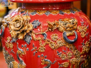 Đôi chóe men màu đắp nổi Công Đào Tài Lộc nền đỏ, 50L