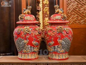 Đôi chóe men màu đắp nổi Công Đào Tài Lộc nền đỏ, 50L