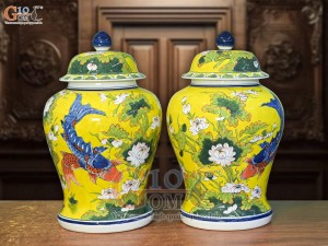 Đôi chóe men màu vẽ Chép Sen Tài Lộc, 30L