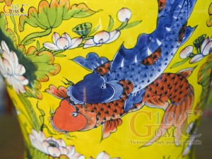 Đôi chóe men màu vẽ Chép Sen Tài Lộc, 30L
