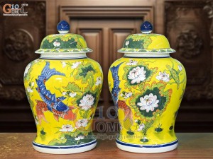 Đôi chóe men màu vẽ Chép Sen Tài Lộc, 30L