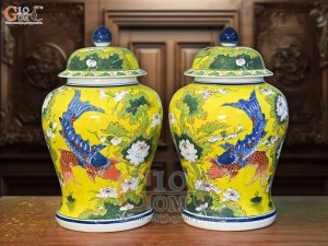 Đôi chóe men màu vẽ Chép Sen Tài Lộc, 30L