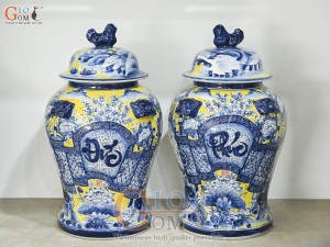 Đôi chóe men màu vẽ Đức Phúc tràm cổ nền vàng, 30L