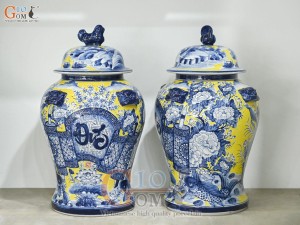 Đôi chóe men màu vẽ Đức Phúc tràm cổ nền vàng, 30L