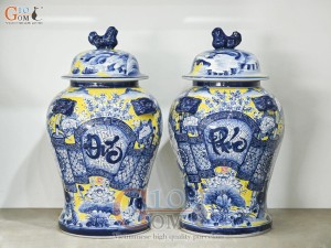 Đôi chóe men màu vẽ Đức Phúc tràm cổ nền vàng, 30L