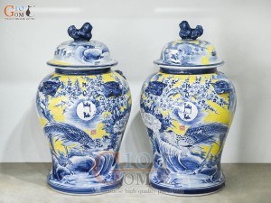 Đôi chóe men màu vẽ Phú Quý Trường Xuân tràm cổ nền vàng, 30L