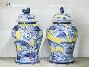 Đôi chóe men màu vẽ Phú Quý Trường Xuân tràm cổ nền vàng, 30L