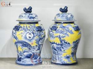 Đôi chóe men màu vẽ Phú Quý Trường Xuân tràm cổ nền vàng, 30L