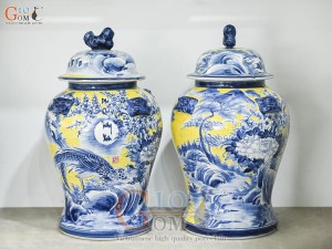 Đôi chóe men màu vẽ Phú Quý Trường Xuân tràm cổ nền vàng, 30L