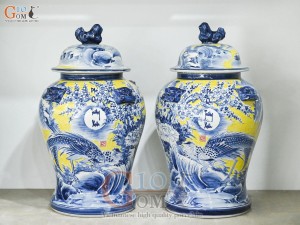 Đôi chóe men màu vẽ Phú Quý Trường Xuân tràm cổ nền vàng, 30L