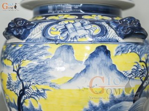 Đôi chóe men màu vẽ Tùng Lộc tràm cổ nền vàng, 30L