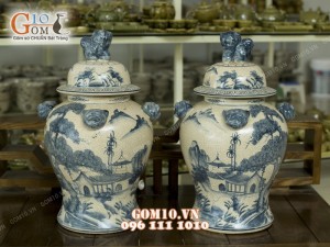 Đôi chóe men rạn cảnh Sơn Thủy, đắp nổi đầu hổ 40L