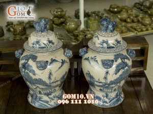 Đôi chóe men rạn cảnh Sơn Thủy, đắp nổi đầu hổ 15L