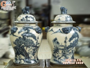 Đôi chóe men rạn cổ họa tiết Sơn Thủy, 15L