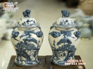 Đôi chóe men rạn cổ họa tiết Sơn Thủy, 15L