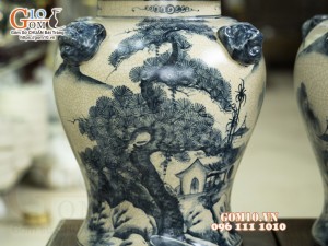 Đôi chóe men rạn cổ họa tiết Sơn Thủy, 15L