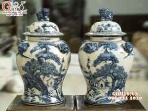 Đôi chóe men rạn cổ họa tiết Sơn Thủy, 40L