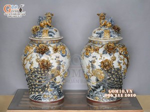 Đôi choé men rạn đắp nổi Công Đào Phú Quý cao cấp, 50L