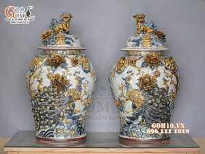 Đôi choé men rạn đắp nổi Công Đào Phú Quý cao cấp, 50L