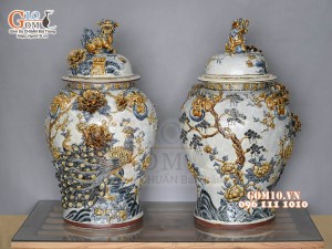 Đôi choé men rạn đắp nổi Công Đào Phú Quý cao cấp, 50L