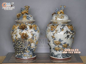 Đôi choé men rạn đắp nổi Công Đào Phú Quý cao cấp, 50L