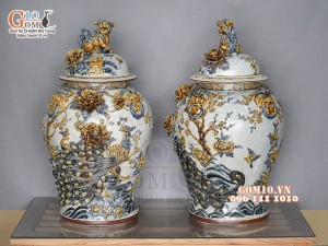 Đôi choé men rạn đắp nổi Công Đào Phú Quý cao cấp, 50L