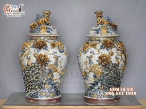 Đôi choé men rạn đắp nổi Công Đào Phú Quý cao cấp, 50L