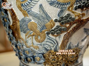 Đôi chóe men rạn đắp nổi Công Đào Phú Quý kênh, 50L