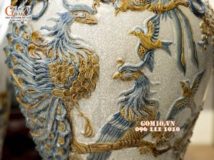 Đôi chóe men rạn đắp nổi Công Đào Phú Quý kênh, 50L