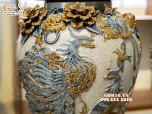 Đôi chóe men rạn đắp nổi Công Đào Phú Quý kênh, 50L