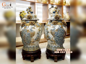 Đôi chóe men rạn đắp nổi Công Đào Phú Quý kênh, 50L