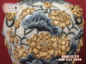 Đôi chóe men rạn đắp nổi hoa Sen cao cấp 20 Lít