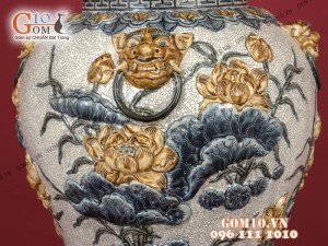 Đôi chóe men rạn đắp nổi hoa Sen cao cấp 20 Lít